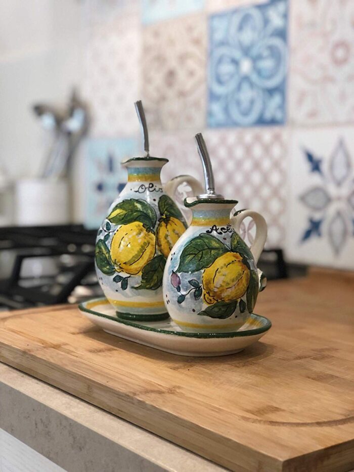 Cruet set oil and vinegar lemons white background - Image 4