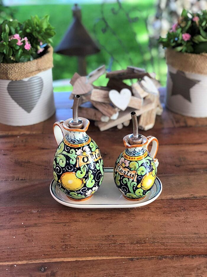 Cruet oil and vinegar lemons blue background - Image 4