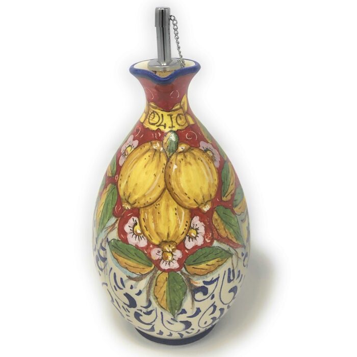 Cruet oil lemons background red - Image 2