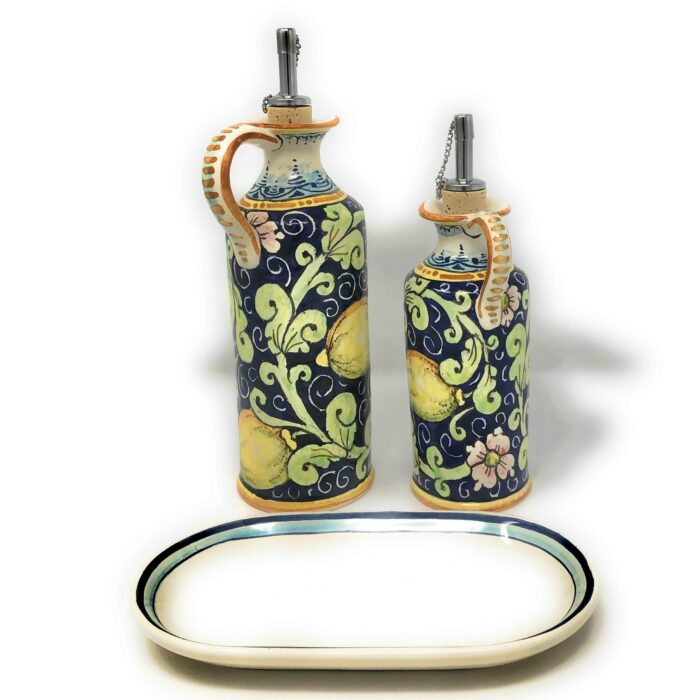 Cruet oil and vinegar lemons blue background - Image 3