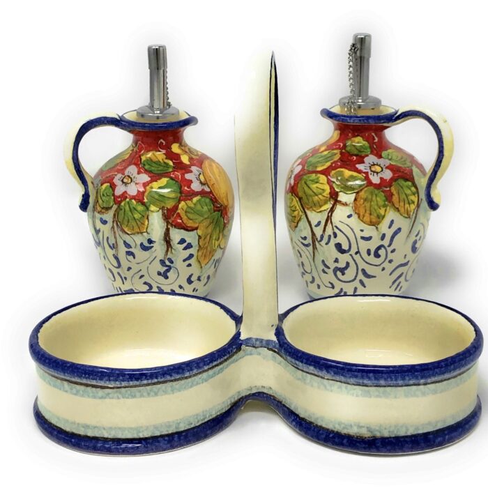 Cruet set oil and vinegar lemons background red - Image 2
