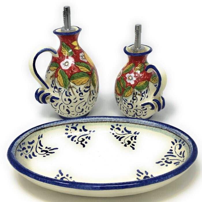 Cruet set oil and vinegar lemons background red - Image 3