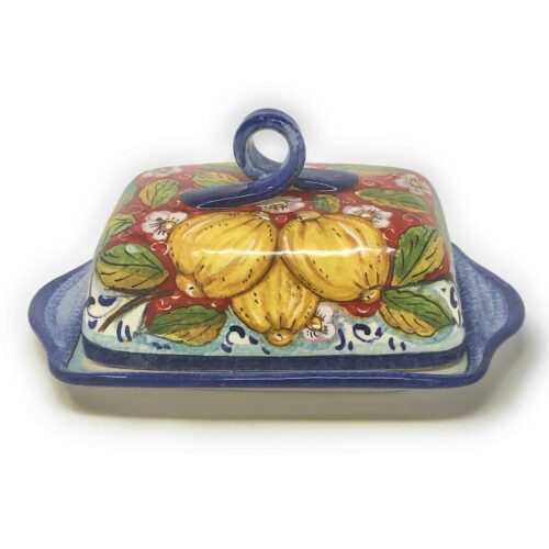 Butter dish Lemons red background