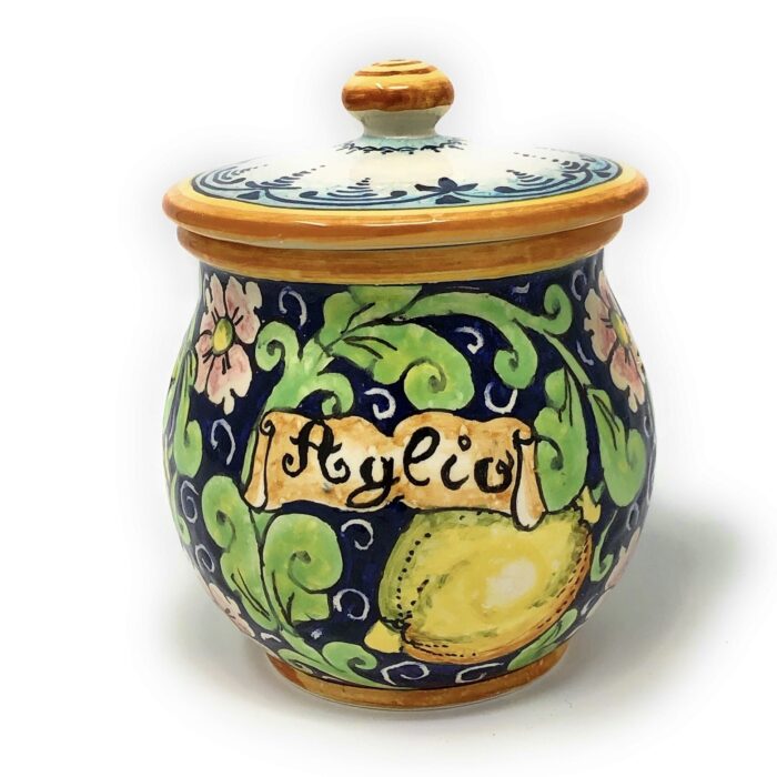 Jar garlic Lemons blue background