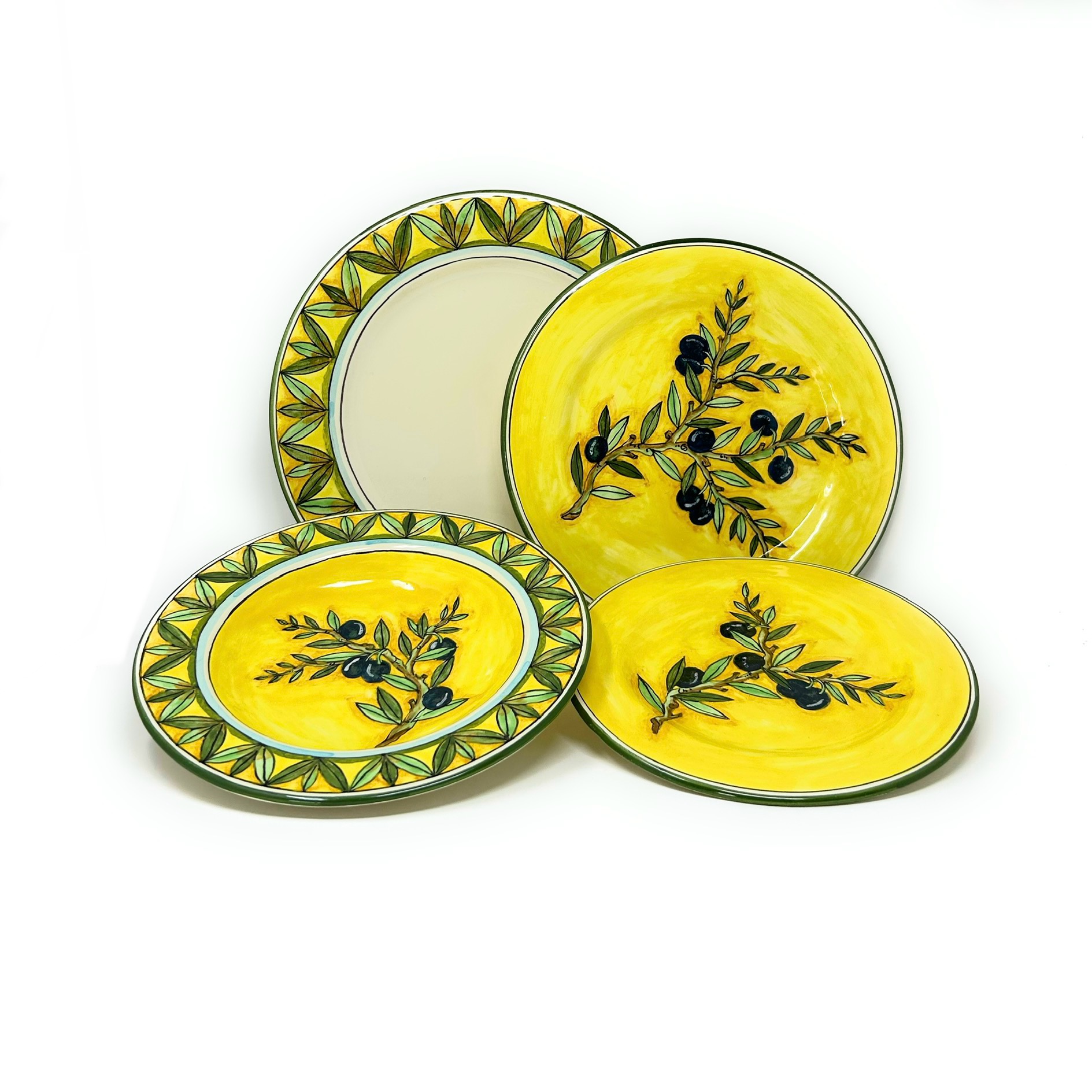 Dinnerware Set Complete Decoration:Collection olives yellow background ; Branch of olives on a yellow background, ,green border Custom set : If you want a set similar to this with different decoration or different quantity please do not hesitate to contact us.